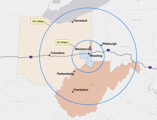 Belomar Regional Map with 50- and 150- Mile radii